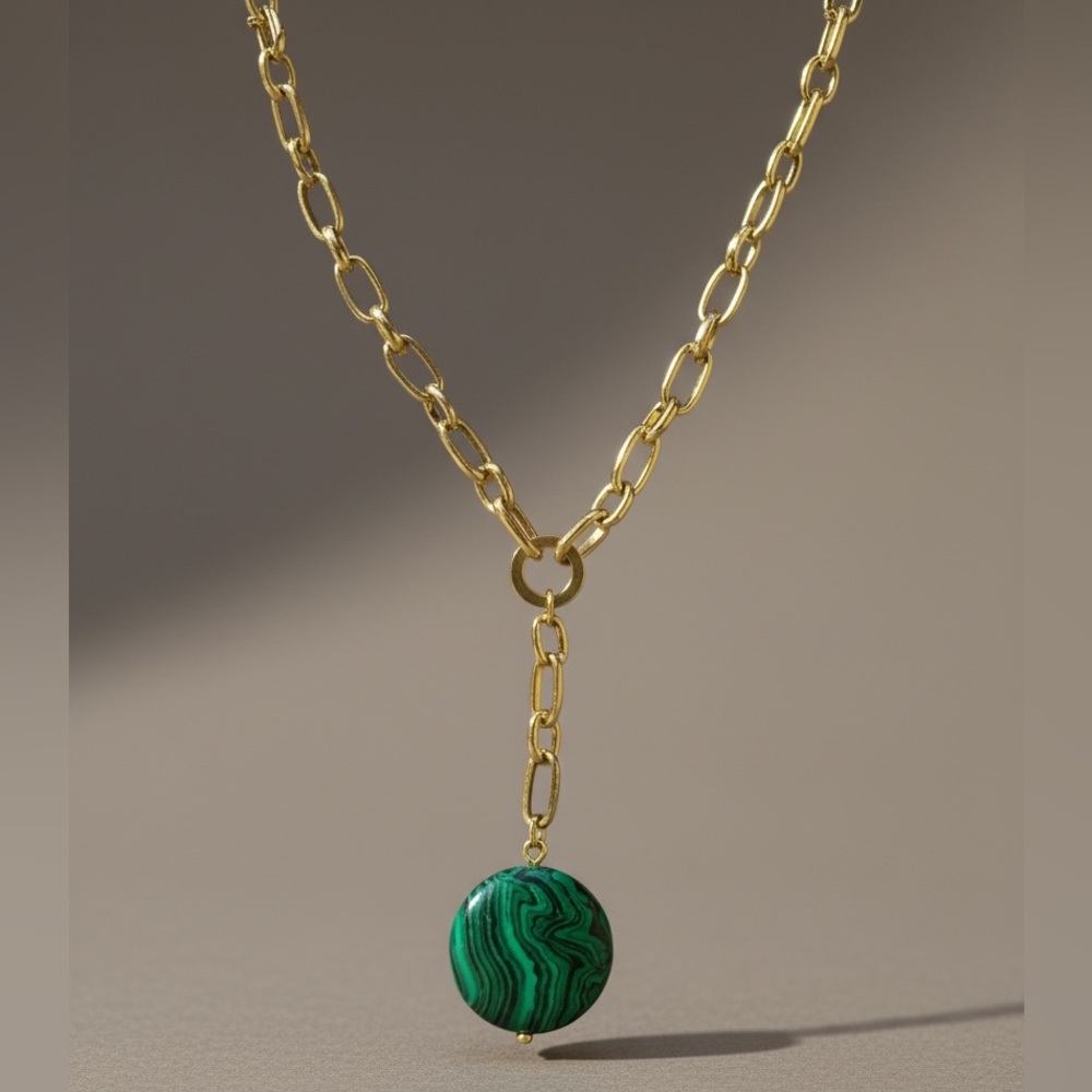 Vintage Gold Chain Necklace Green Malachite Pendant Drop Y Necklace Lariat